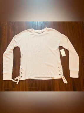 Women’s Lace-Up Side Waffle Knit Long Sleeve Top - baby girl pink